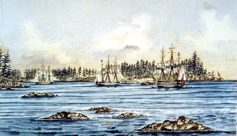 watercolour of Royal Navy ships in Esquimalt Harbour by Midshipman Richard Frederick Britten